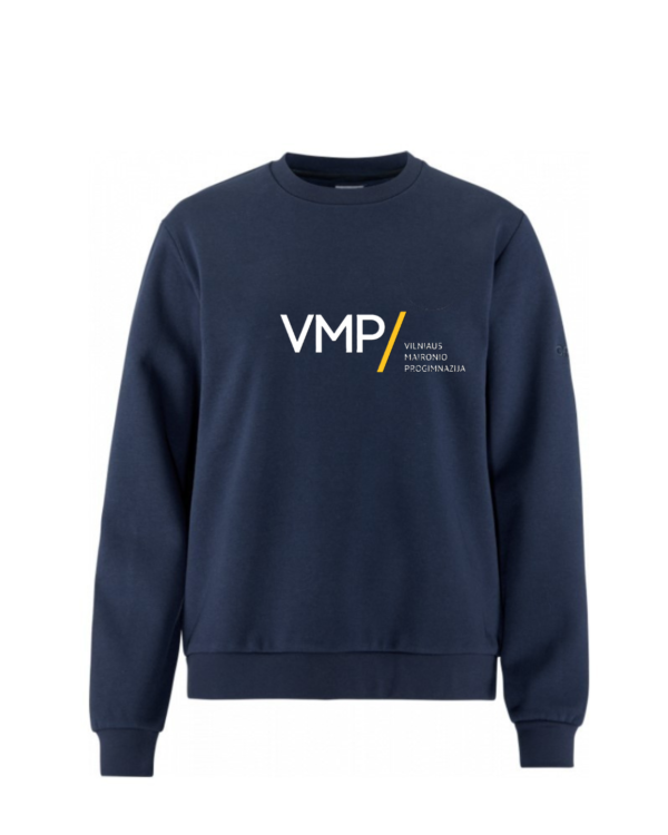 Trikotažinis džemperis be gobtuvo su dideliu mokyklos logotipu