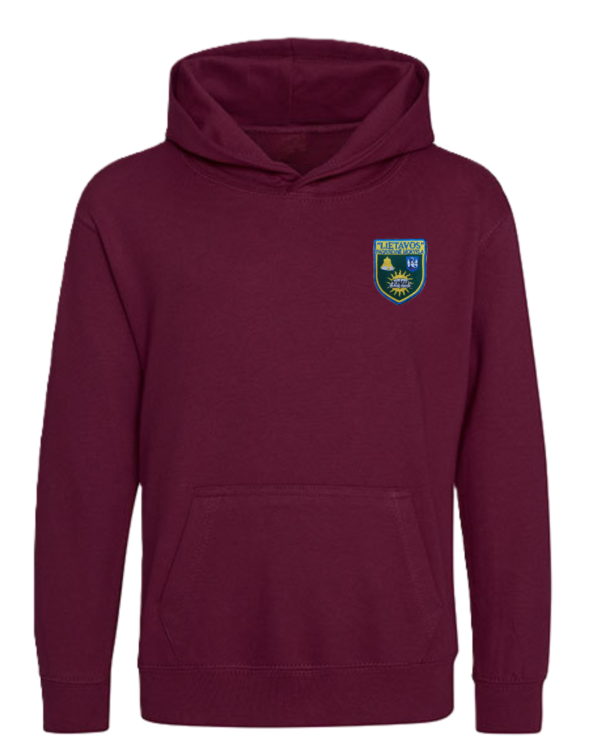 Trikotažinis sportinio tipo džemperis su gobtuvu ir mokyklos emblema