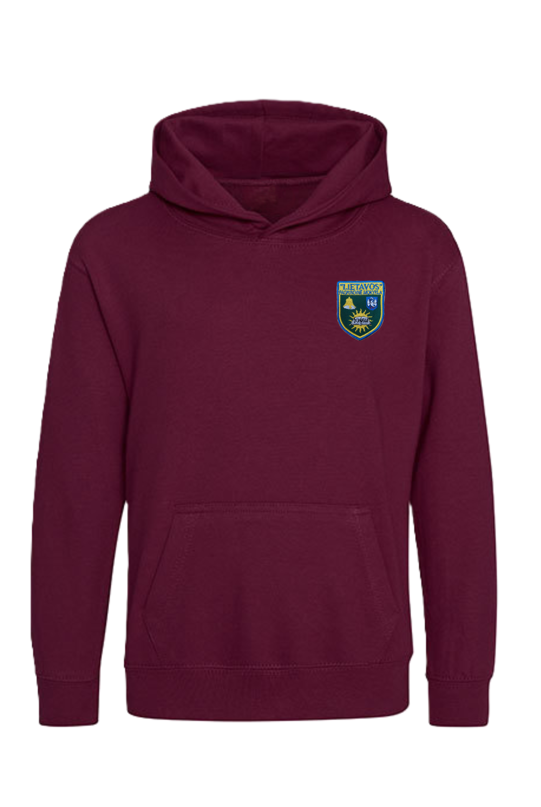 Trikotažinis sportinio tipo džemperis su gobtuvu ir mokyklos emblema