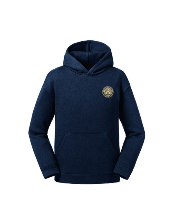 Trikotažinis džemperis su gobtuvu ir mokyklos emblema