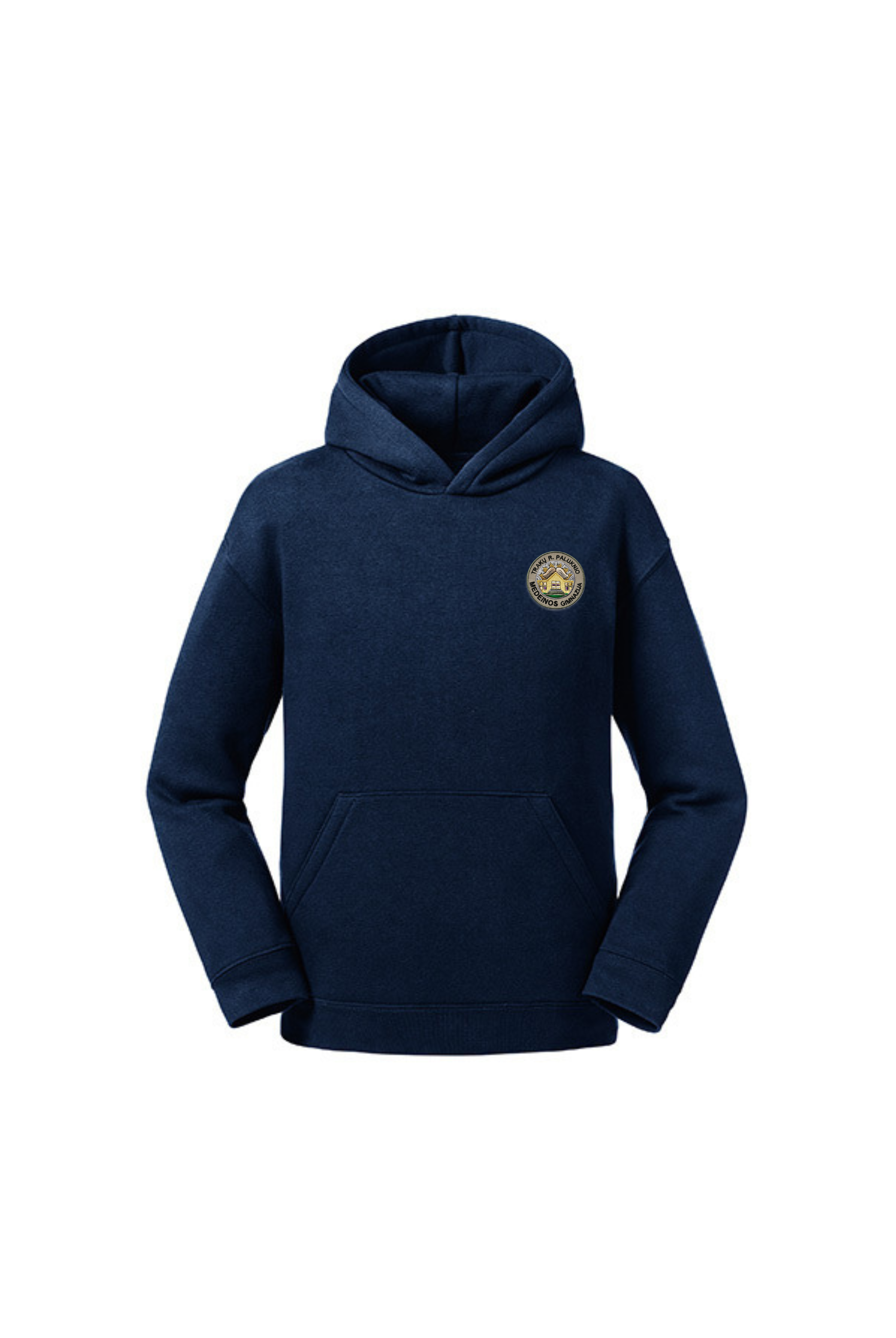 Trikotažinis džemperis su gobtuvu ir mokyklos emblema