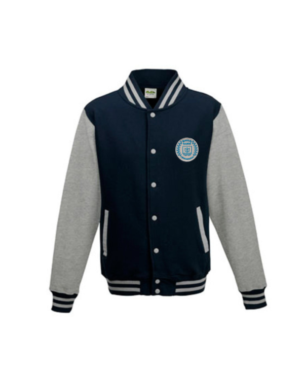 Trikotažinis sportinio tipo džemperis su spaudėmis ir mokyklos emblema