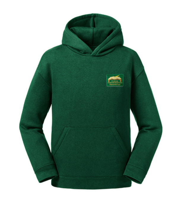 Trikotažinis  džemperis su gobtuvu ir mokyklos emblema