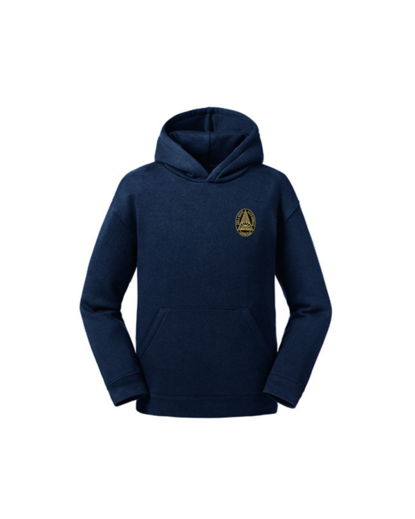 Trikotažinis džemperis su gobtuvu ir mokyklos emblema