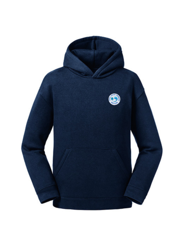 Trikotažinis  džemperis su gobtuvu ir mokyklos emblema